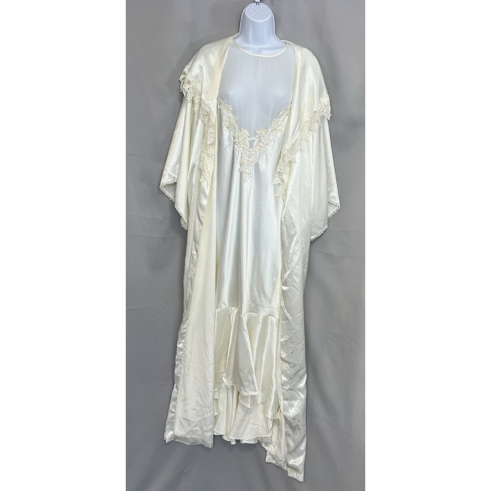VTG Jessica Lynn Collection Women Set Robe Night Gown Satin L Ivory Chiffon Y2K‎